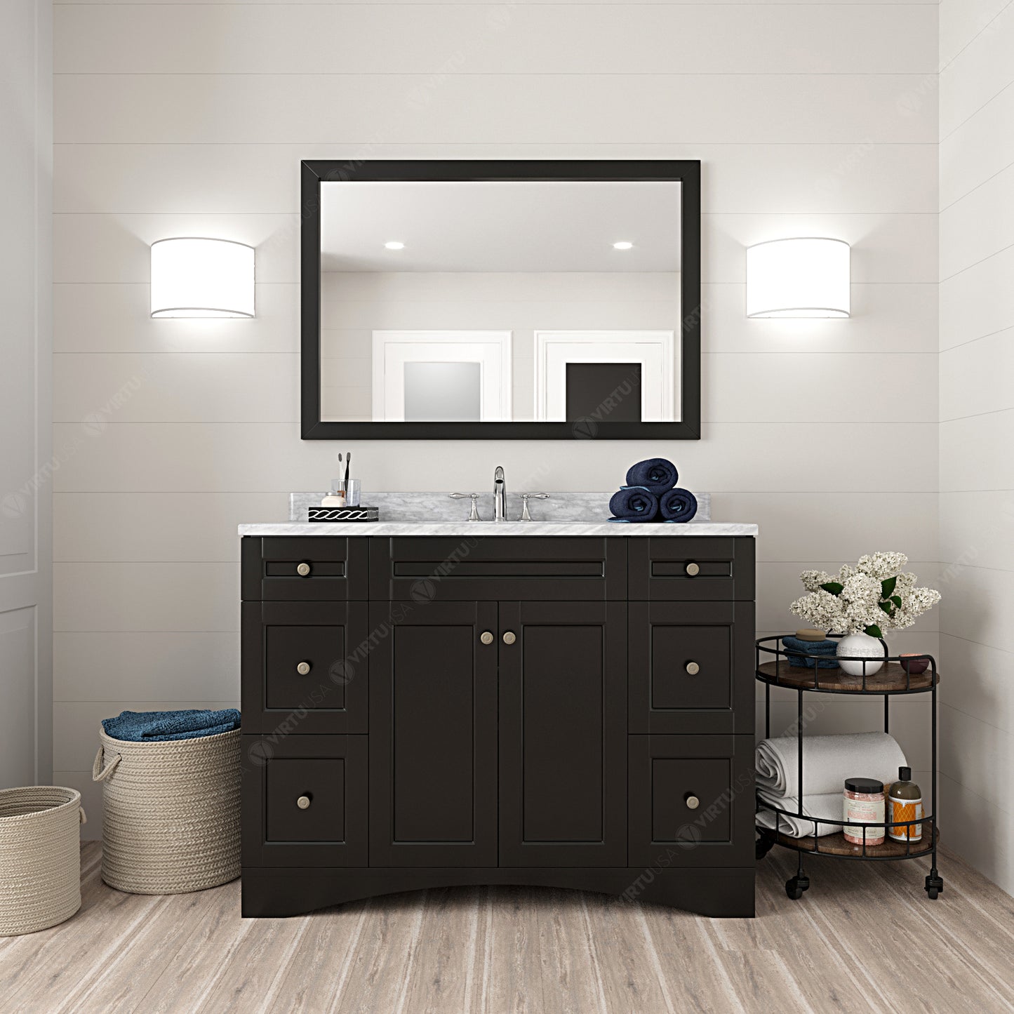 ES-32048-WMRO-ES Espresso Elise 48" Single Bath Vanity Set with Italian Carrara White Marble Top & Oval Centered Basin, Mirror