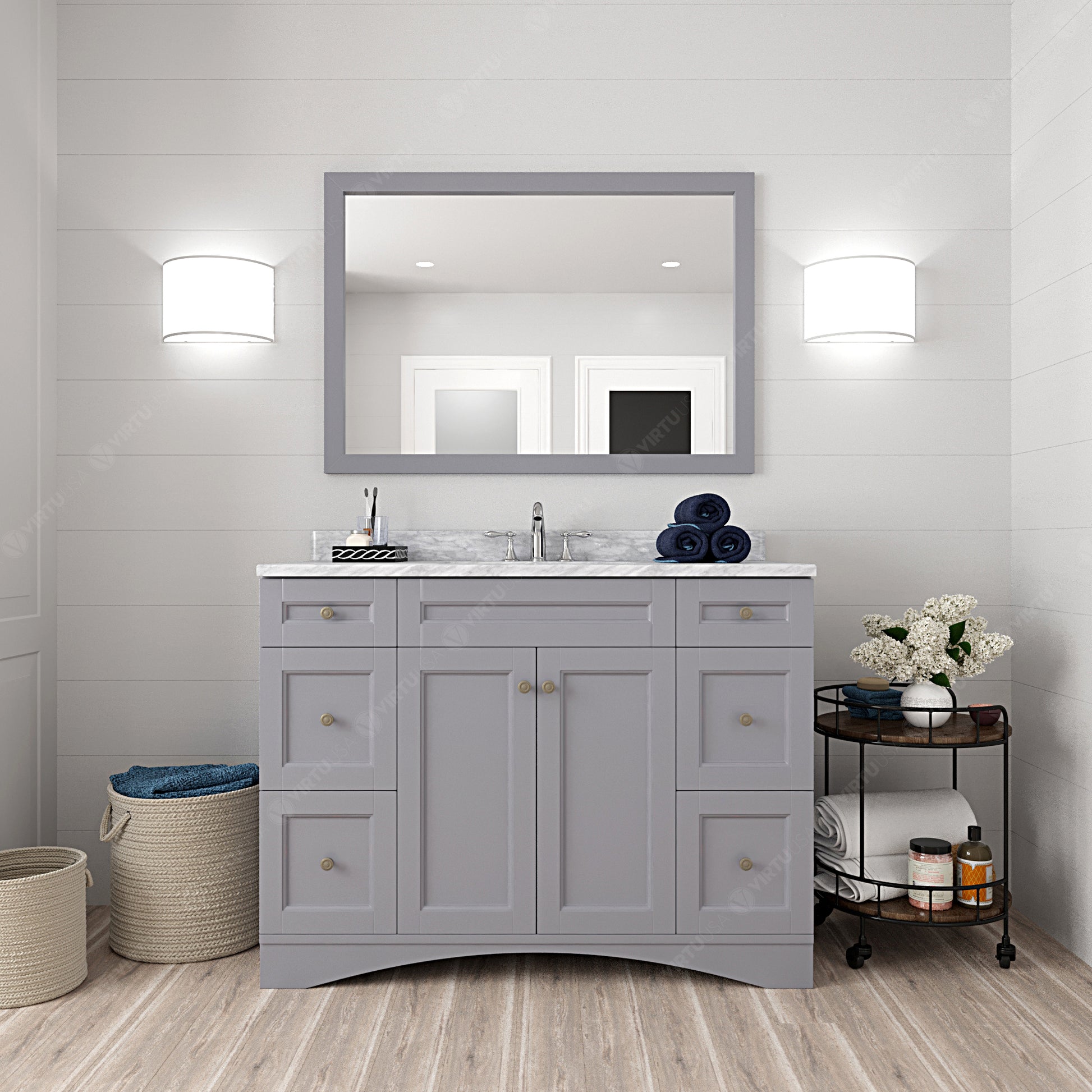 ES-32048-WMRO-GR Gray Elise 48" Single Bath Vanity Set with Italian Carrara White Marble Top & Oval Centered Basin, Mirror