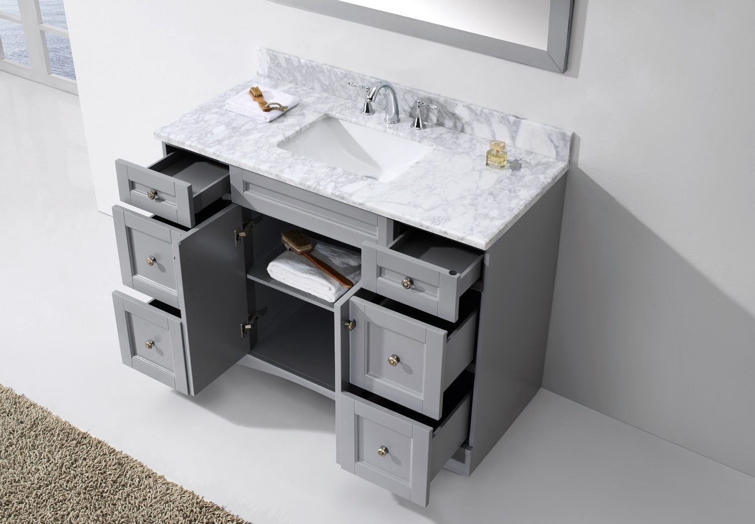 ES-32048-WMSQ-GR Gray Elise 48" Single Bath Vanity Set with Italian Carrara White Marble Top & Rectangular Centered Basin, Mirror open