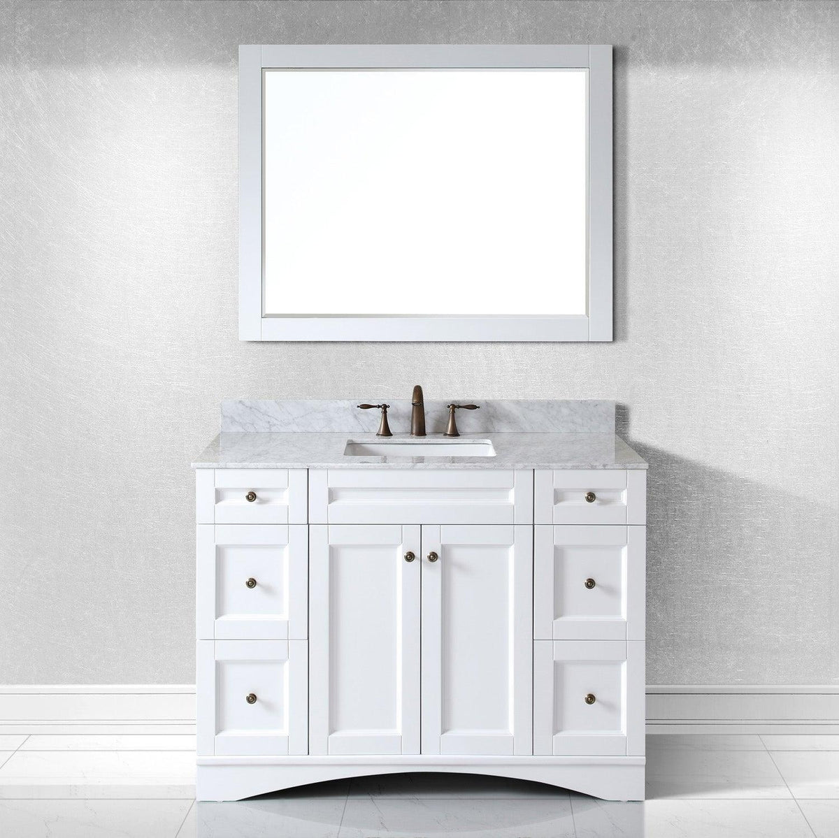 ES-32048-WMSQ-WH White Elise 48" Single Bath Vanity Set with Italian Carrara White Marble Top & Rectangular Centered Basin, Mirror