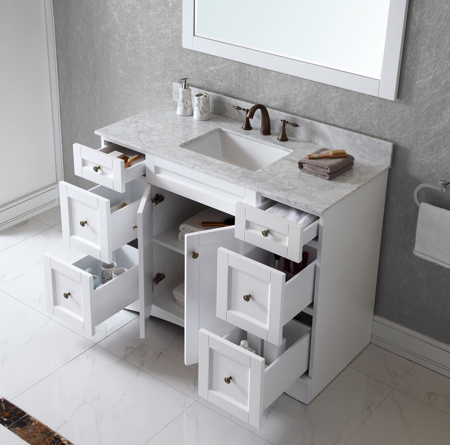 ES-32048-WMSQ-WH White Elise 48" Single Bath Vanity Set with Italian Carrara White Marble Top & Rectangular Centered Basin, Mirror open