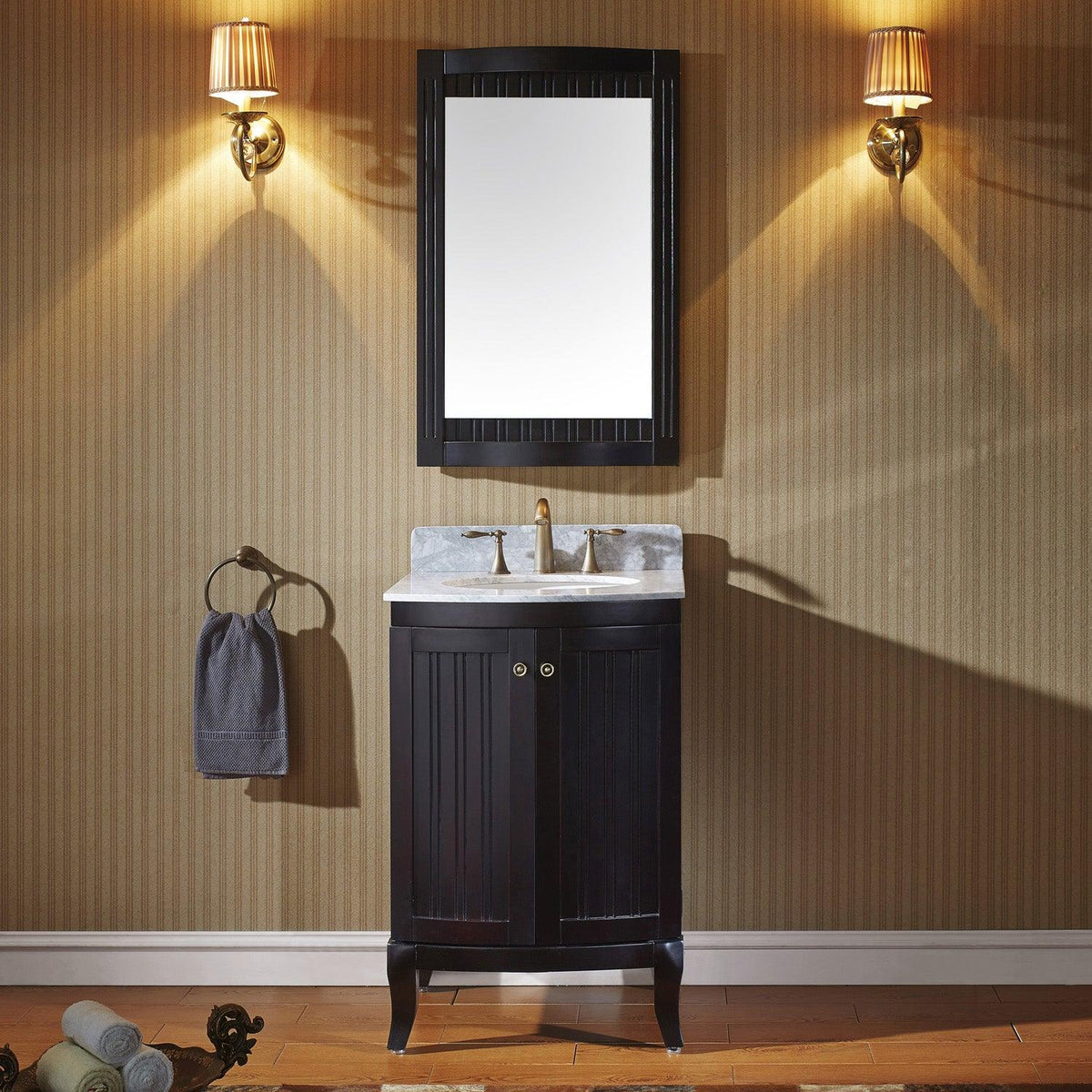 ES-52024-WMRO-ES Espresso Khaleesi 24" Single Bath Vanity Set with Italian Carrara White Marble Top & Oval Centered Basin, Mirror