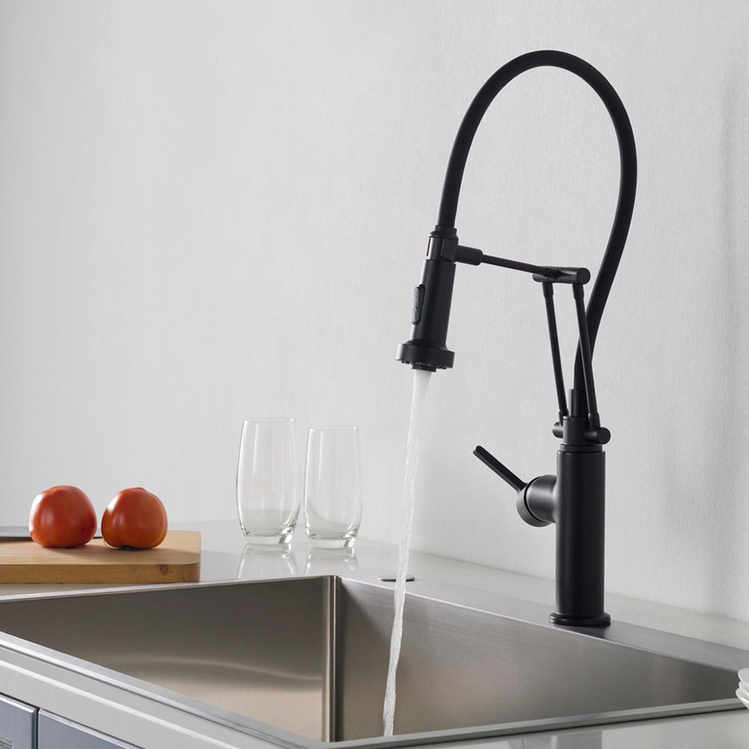 Single Handle Pull Out Kitchen Faucet in Matte Black F01 208 04 open