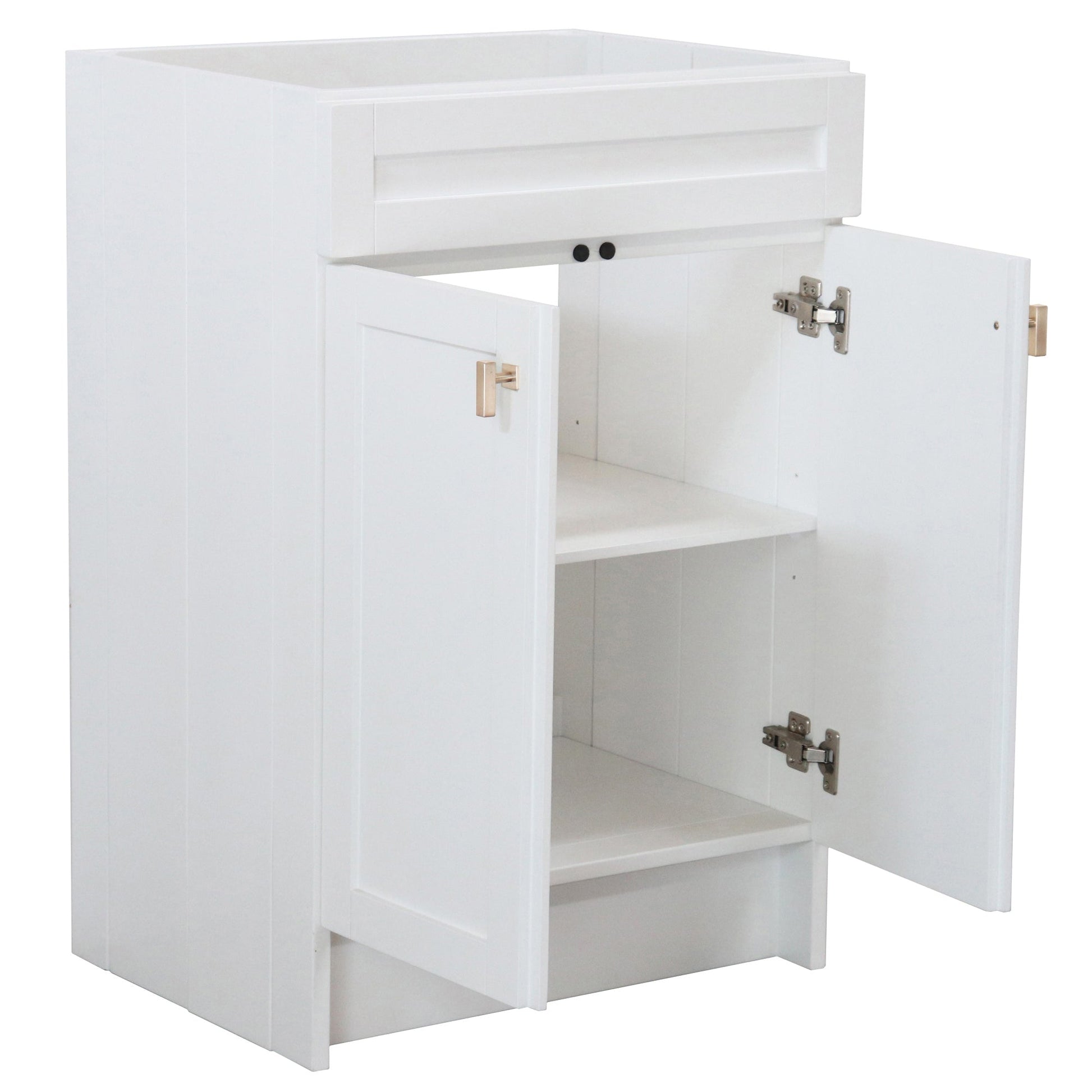 White 23 in. Single Sink Foldable Vanity Cabinet, Brushed Nickel Hardware finish openWhite 23 in. Single Sink Foldable Vanity Cabinet, Brushed Gold Hardware finish open