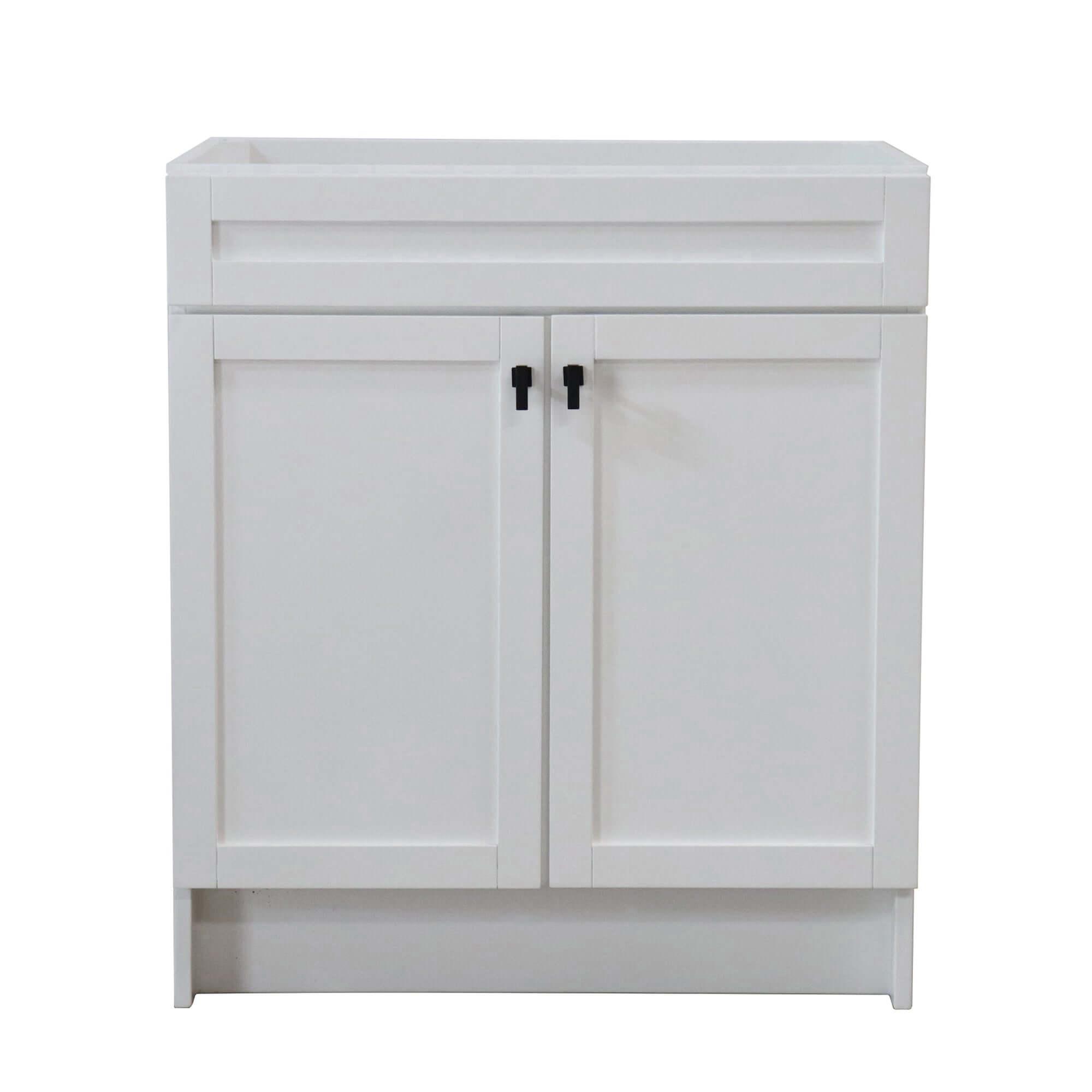 30 in. Single Sink Foldable Vanity Cabinet, White Finish, Brushed Nickel hardware, 