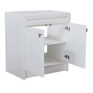 30 in. Single Sink Foldable Vanity Cabinet, White Finish, Brushed Nickel hardware, open
