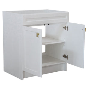 30 in. Single Sink Foldable Vanity Cabinet, White Finish, Brushed Gold hardware,  open