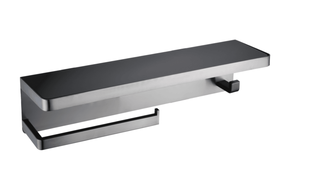Lexora Bagno Bianca Glass Black / White Shelf w/ Towel Bar & Robe Hook