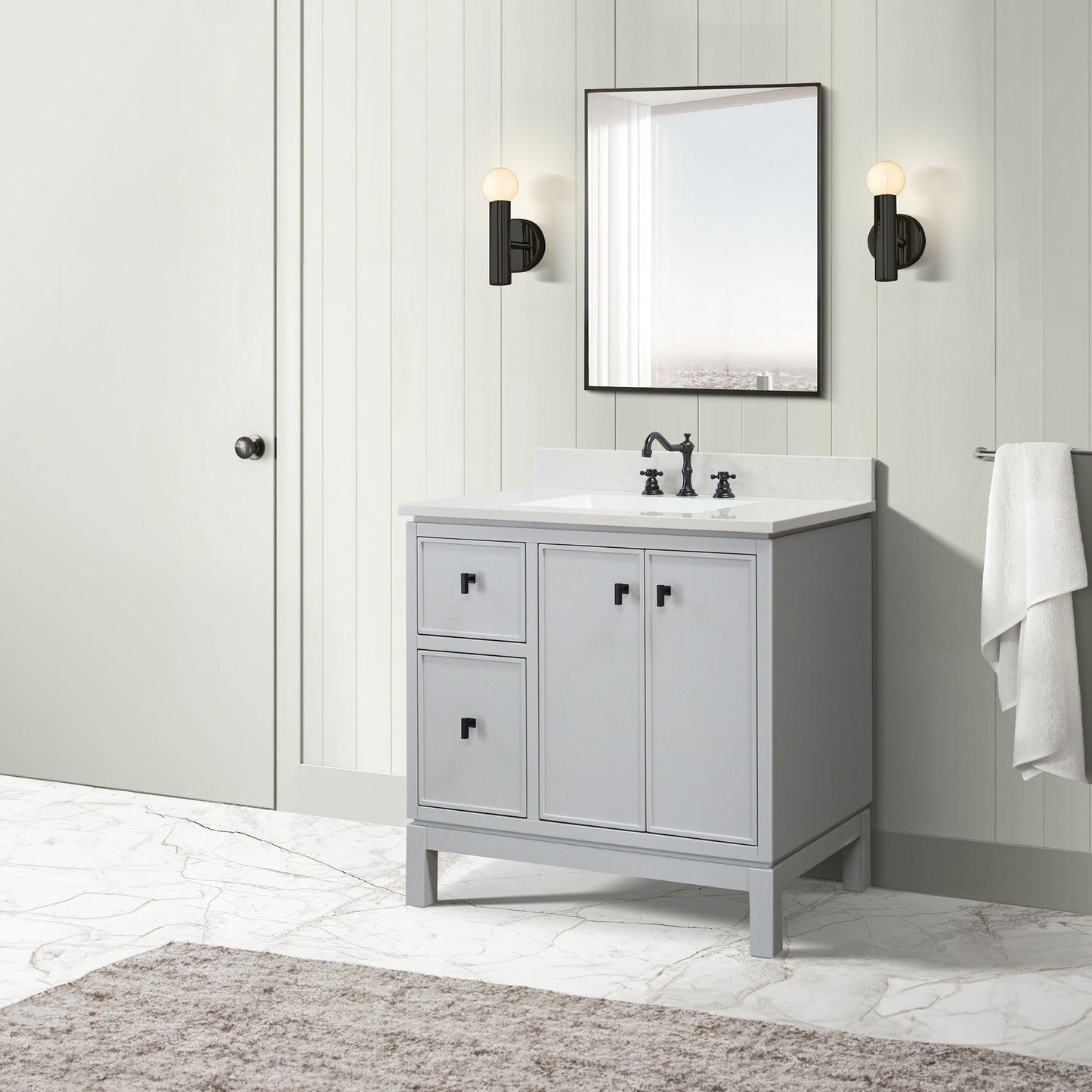 French Gray 37 in. Single Sink Vanity with Engineered Quartz Top, Matte Black Hardware