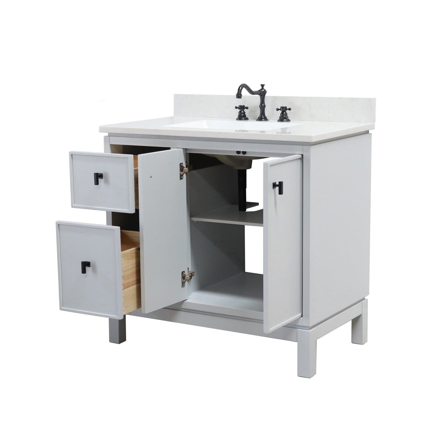 French Gray 37 in. Single Sink Vanity with Engineered Quartz Top, Matte Black Hardware, open