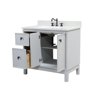 French Gray 37 in. Single Sink Vanity with Engineered Quartz Top, Matte Black Hardware, open