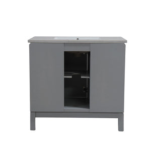 French Gray 37 in. Single Sink Vanity with Engineered Quartz Top, Matte Black Hardware, back