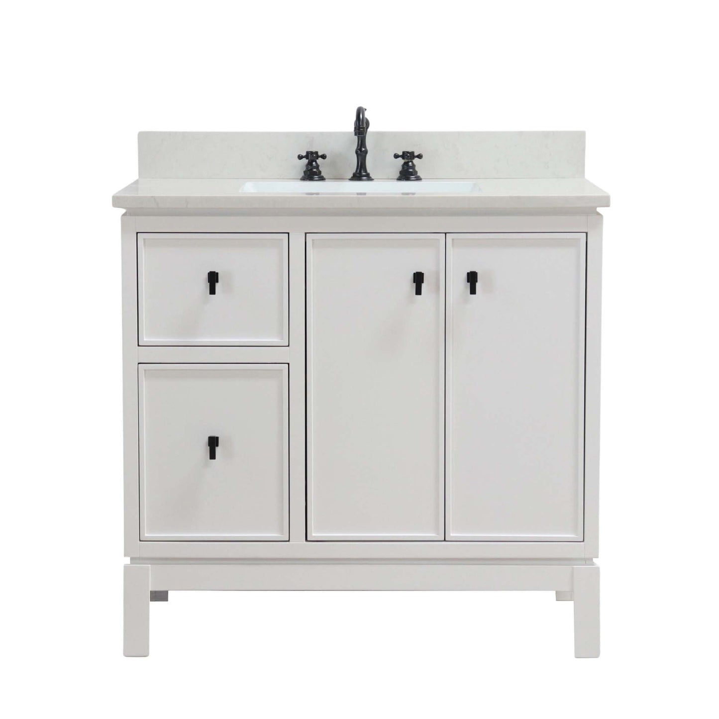 White 37 in. Single Sink Vanity with Engineered Quartz Top, Matte Black Hardware