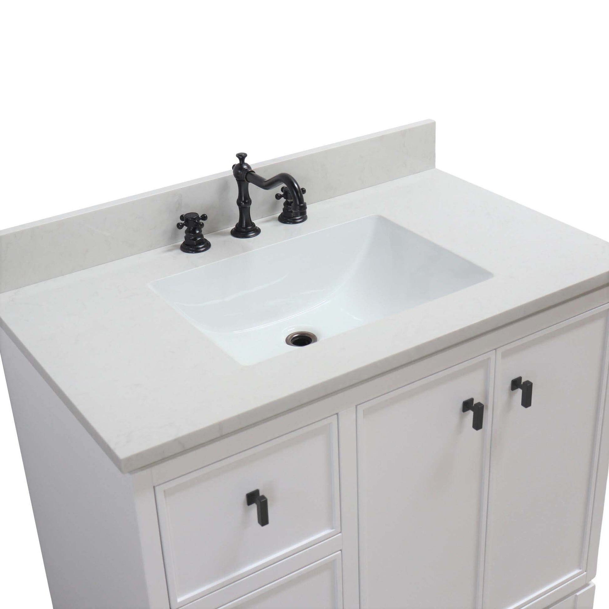 White 37 in. Single Sink Vanity with Engineered Quartz Top, Matte Black Hardware