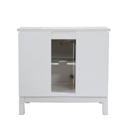 White 37 in. Single Sink Vanity with Engineered Quartz Top, Matte Black Hardware, back