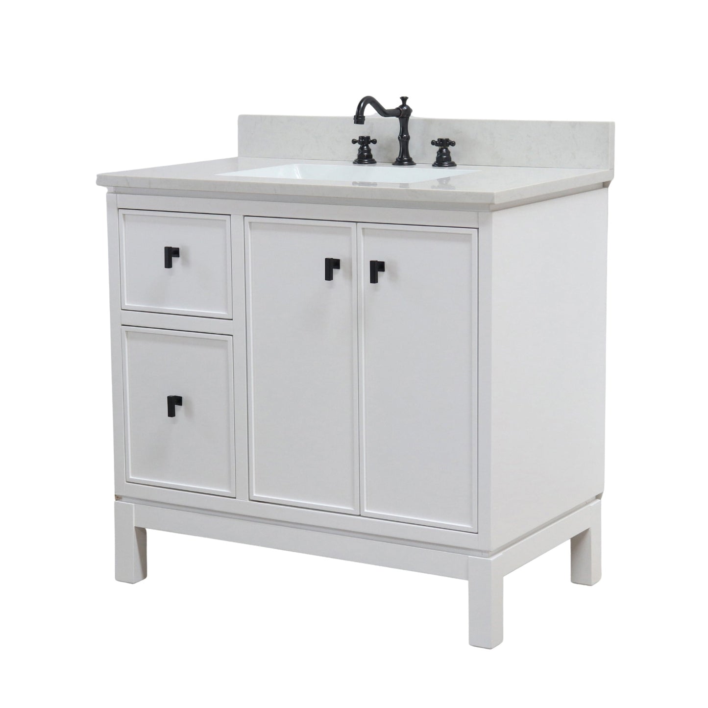 White 37 in. Single Sink Vanity with Engineered Quartz Top, Matte Black Hardware