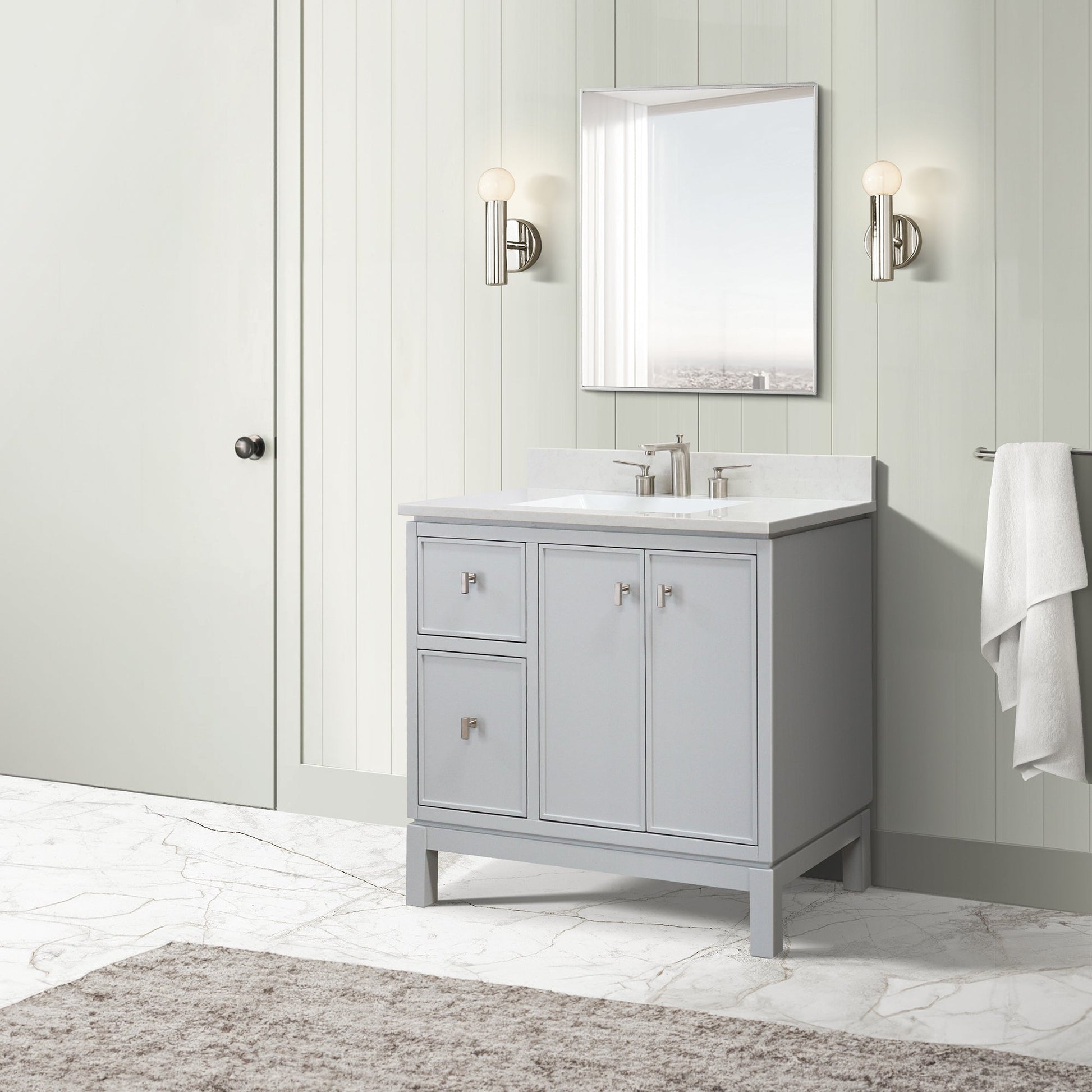 Franch Gray 37 in. Single Sink Vanity with Engineered Quartz Top, Brushed Nickel Hardware