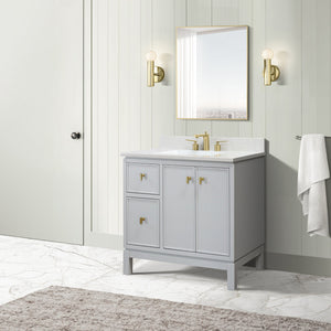 Franch Gray 37 in. Single Sink Vanity with Engineered Quartz Top, Brushed Gold Hardware