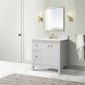 White 37 in. Single Sink Vanity with Engineered Quartz Top, Brushed Gold Hardware