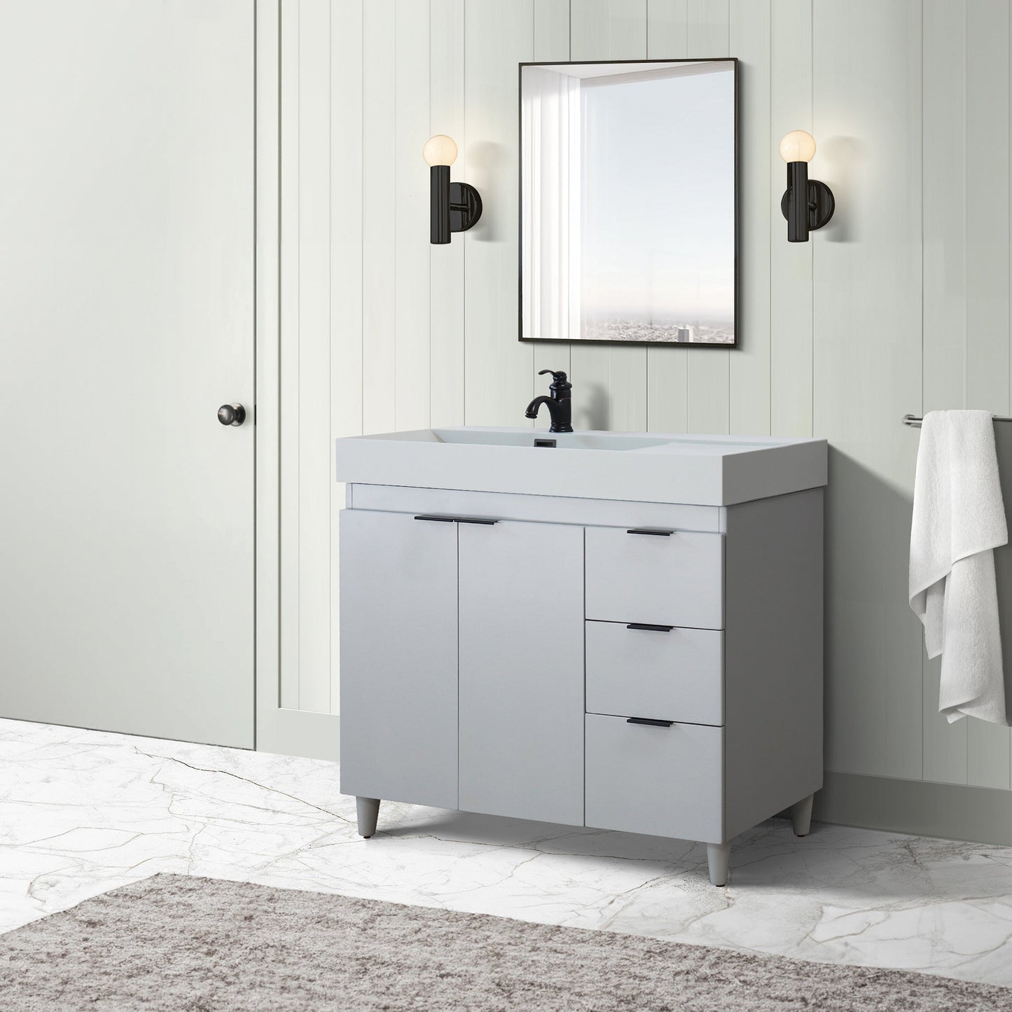 French Gray 39 in. Single Sink Freestanding Vanity, Light Gray Composite Granite Sink Top, Matte Black Hardware