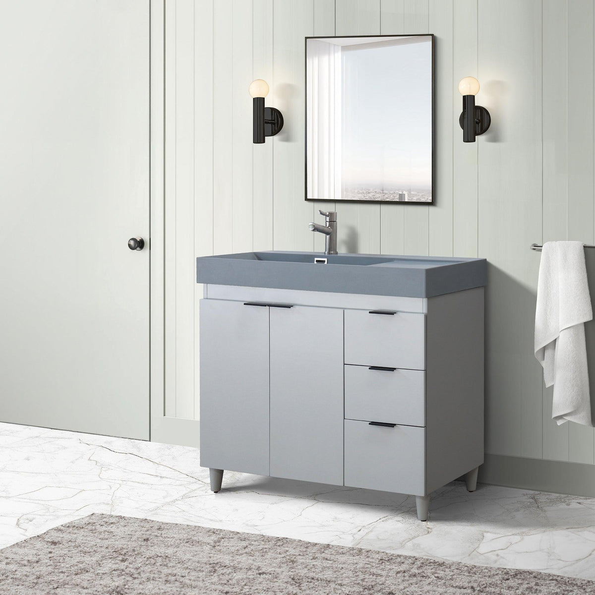 French Gray 39 in. Single Sink Freestanding Vanity, Dark Gray Composite Granite Sink Top, Matte Black Hardware