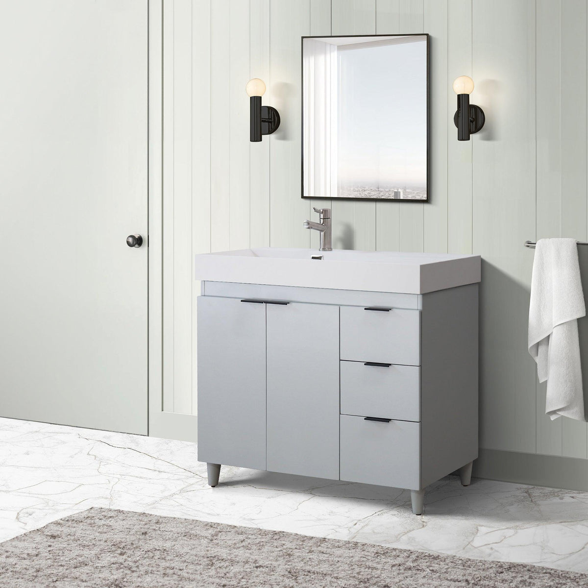 French Gray 39 in. Single Sink Freestanding Vanity, White Composite Granite Sink Top, Matte Black Hardware