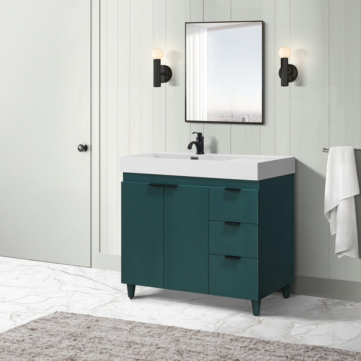 Hunter Green 39 in. Single Sink Freestanding Vanity, White Composite Granite Sink Top, Matte Black Hardware