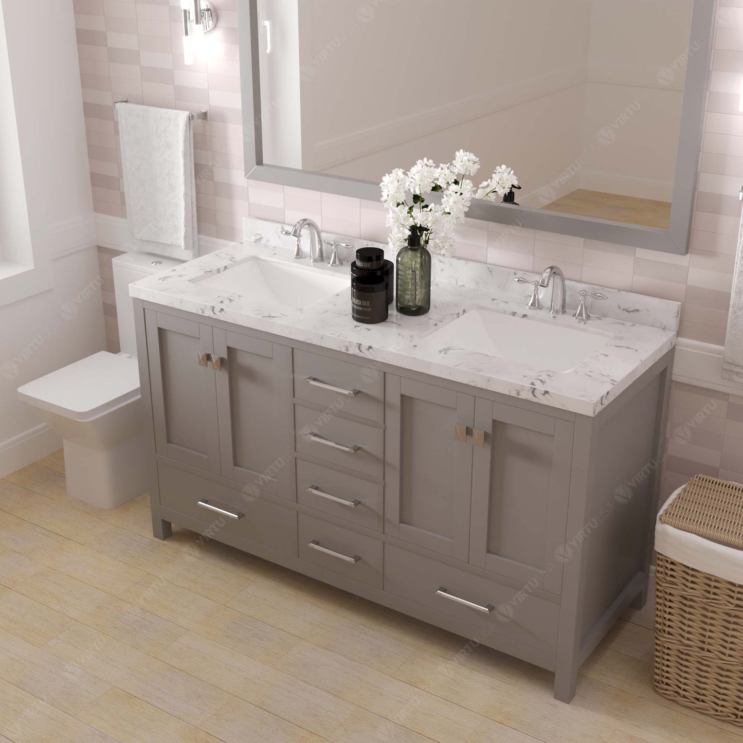 Caroline Avenue 60" Double Bath Vanity Set with Cultured Marble Quartz Top & Rectangular Double Centered Basin