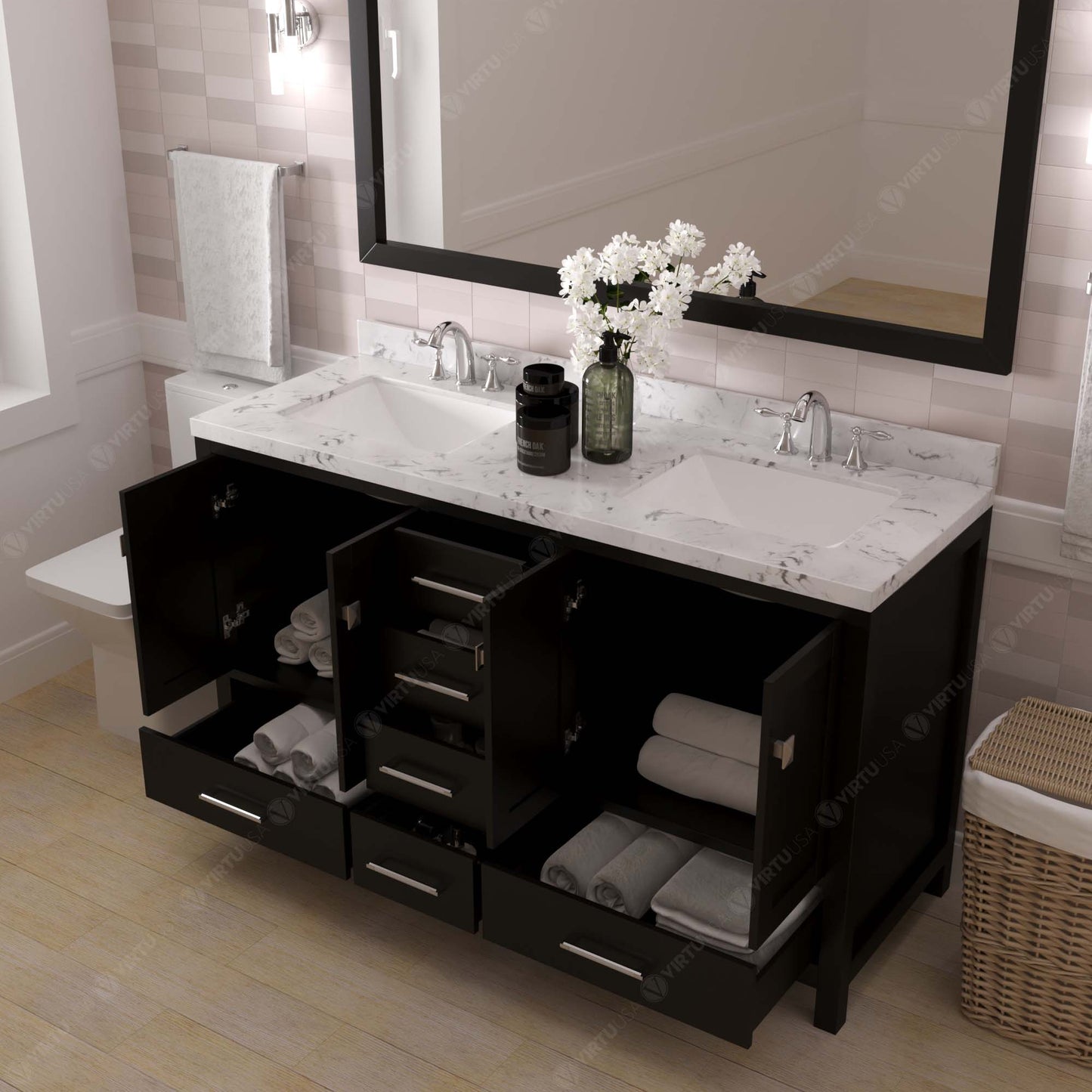 Caroline Avenue 60" Double Bath Vanity Set with Cultured Marble Quartz Top & Rectangular Double Centered Basin