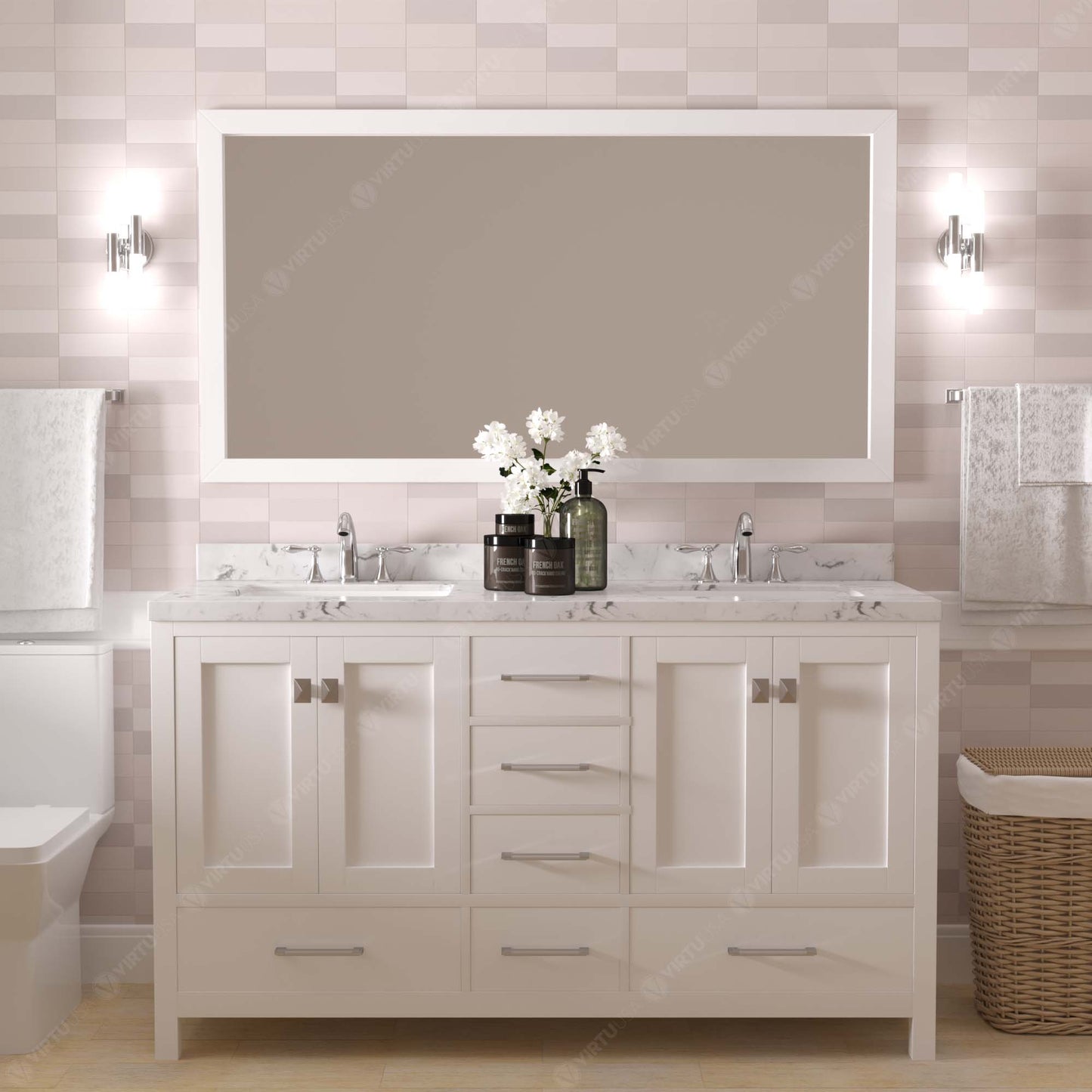 Caroline Avenue 60" Double Bath Vanity Set with Cultured Marble Quartz Top & Rectangular Double Centered Basin