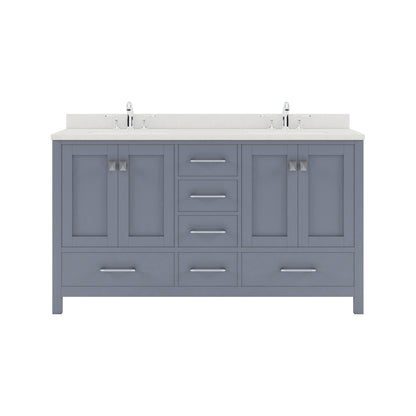 GD-50060-DWQRO-GR Gray Caroline Avenue 60" Double Bath Vanity Set with Dazzle White Quartz Top & Oval Double Centered Basin