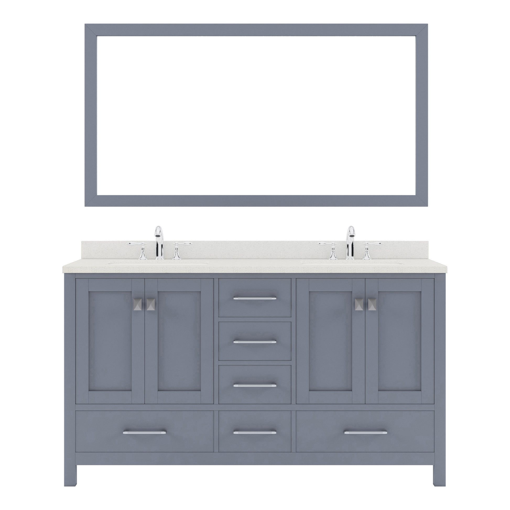 GD-50060-DWQRO-GR Gray Caroline Avenue 60" Double Bath Vanity Set with Dazzle White Quartz Top & Oval Double Centered Basin, Mirror