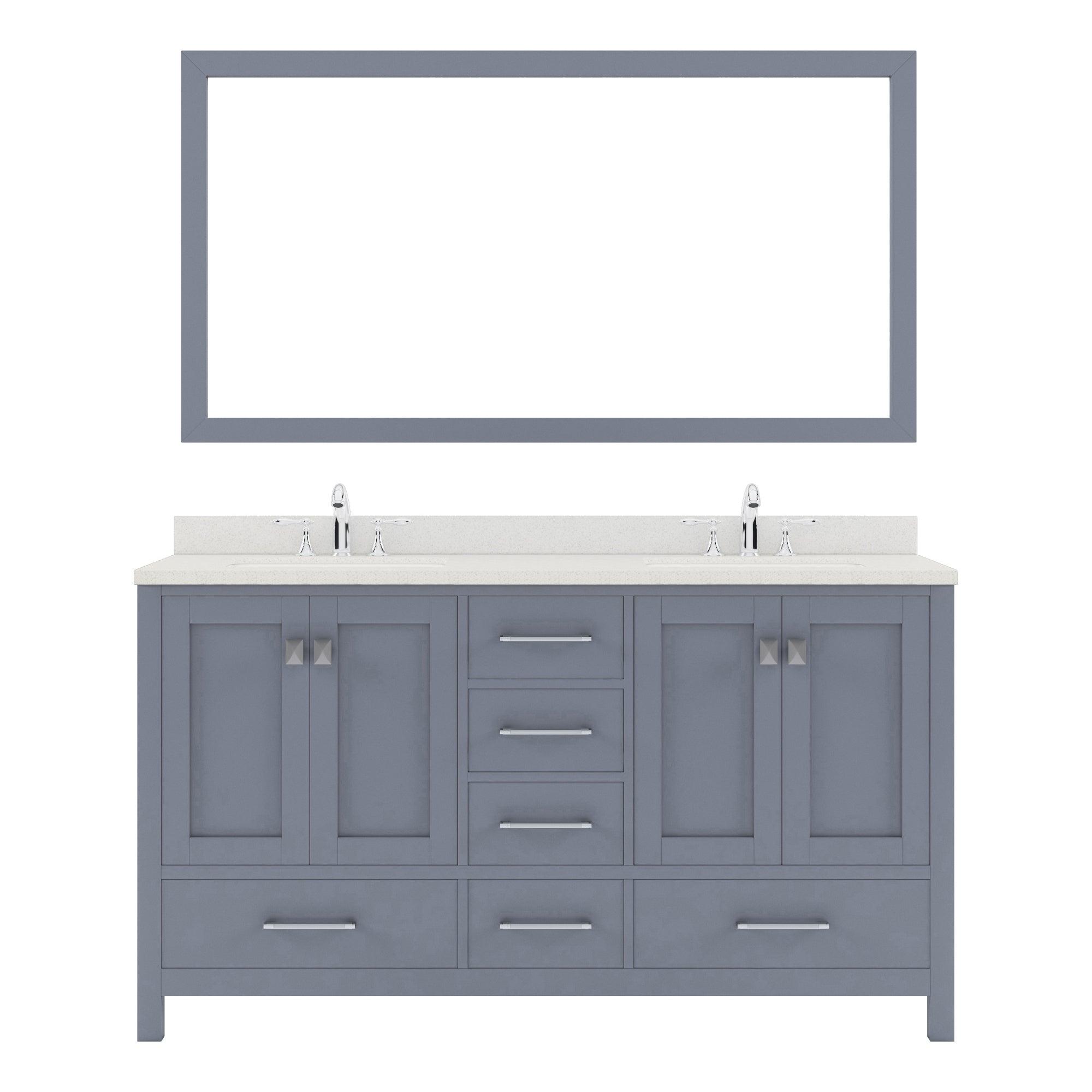 GD-50060-DWQRO-GR Gray Caroline Avenue 60" Double Bath Vanity Set with Dazzle White Quartz Top & Oval Double Centered Basin, Mirror