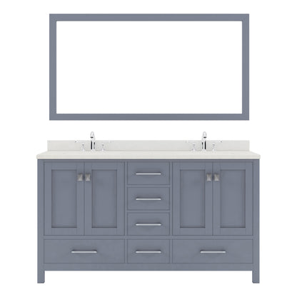 GD-50060-DWQRO-GR Gray Caroline Avenue 60" Double Bath Vanity Set with Dazzle White Quartz Top & Oval Double Centered Basin, Mirror