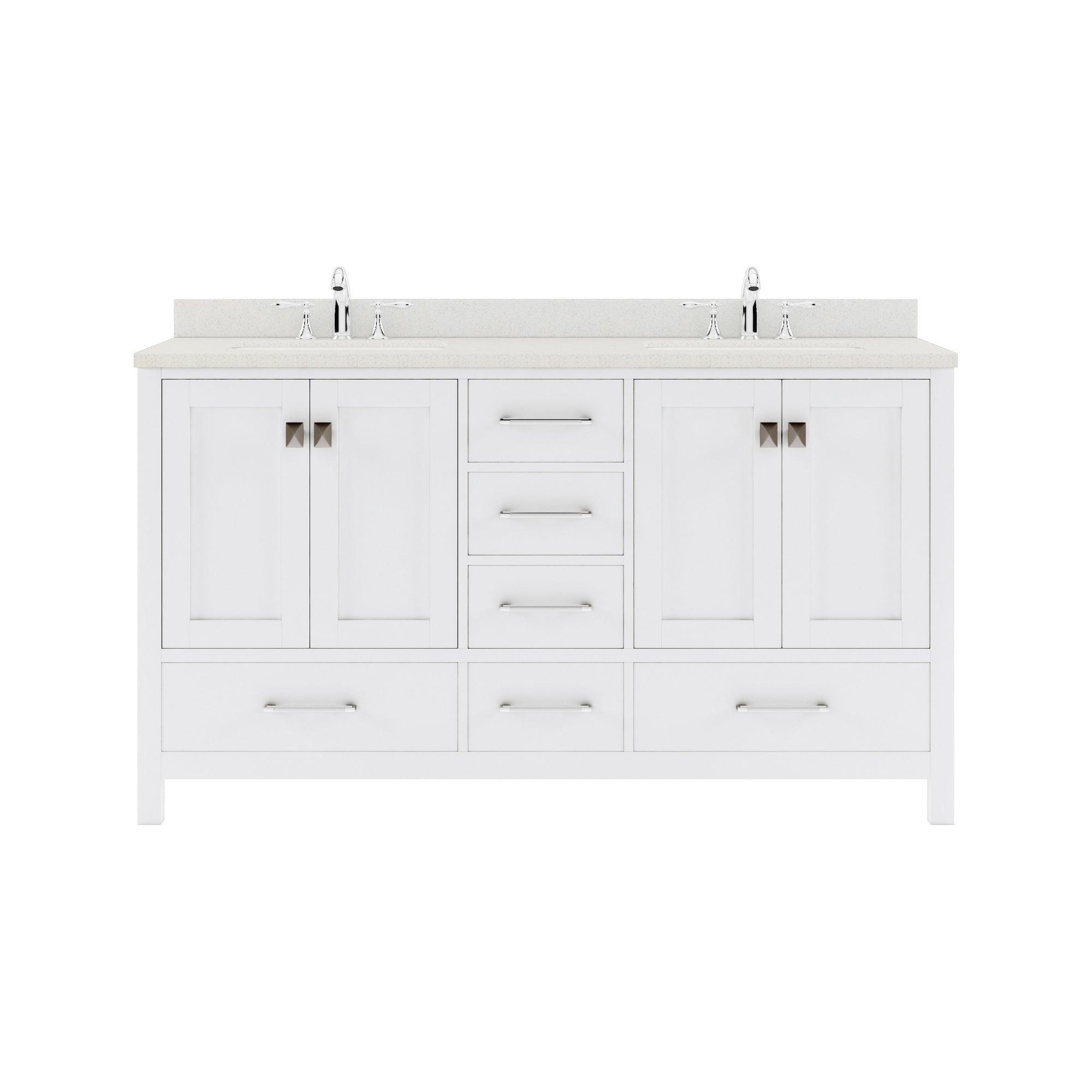 GD-50060-DWQRO-WH White Caroline Avenue 60" Double Bath Vanity Set with Dazzle White Quartz Top & Oval Double Centered Basin