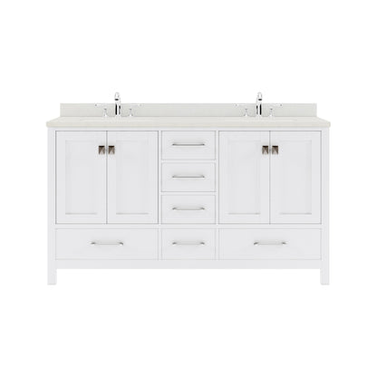 GD-50060-DWQRO-WH White Caroline Avenue 60" Double Bath Vanity Set with Dazzle White Quartz Top & Oval Double Centered Basin