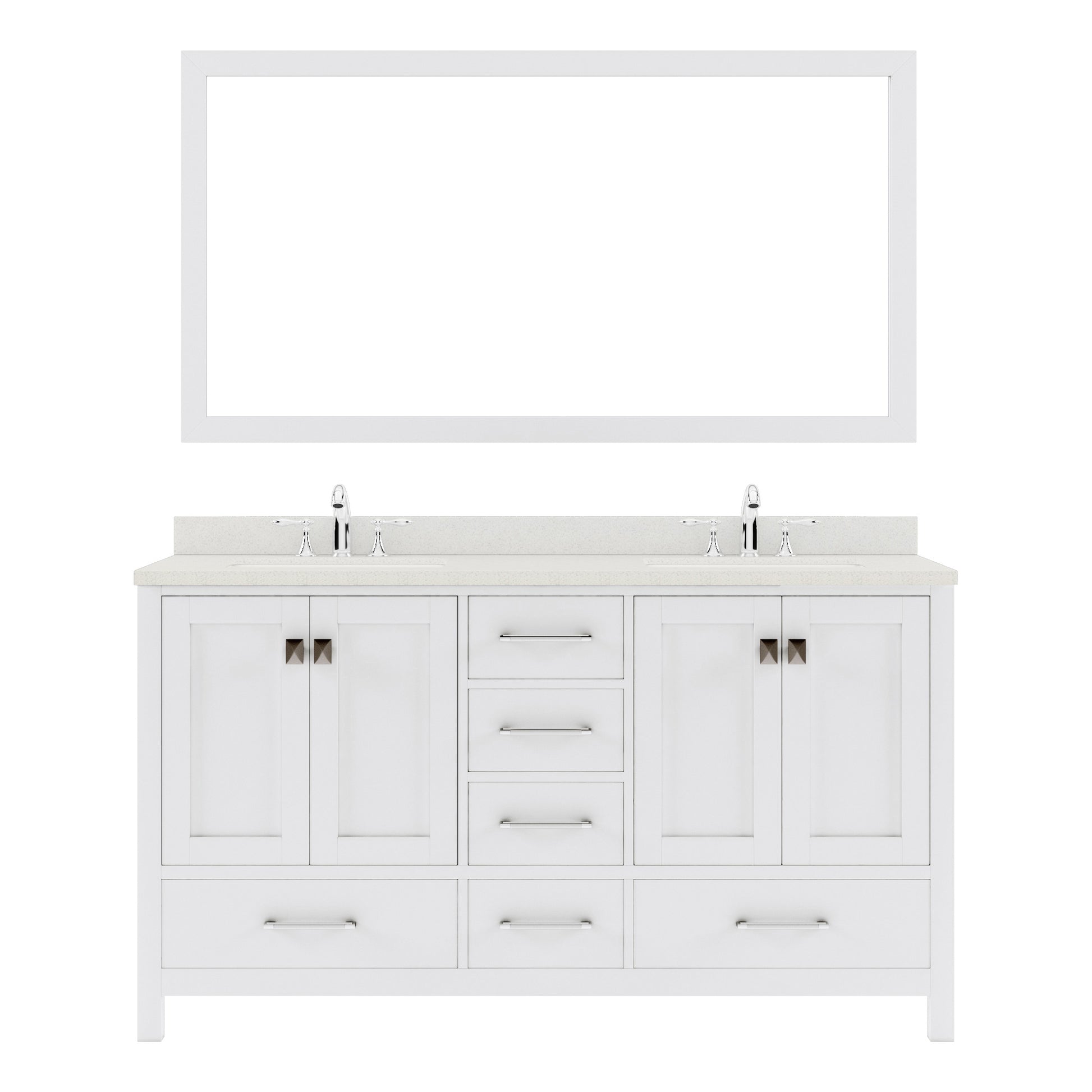 GD-50060-DWQRO-WH White Caroline Avenue 60" Double Bath Vanity Set with Dazzle White Quartz Top & Oval Double Centered Basin, Mirror