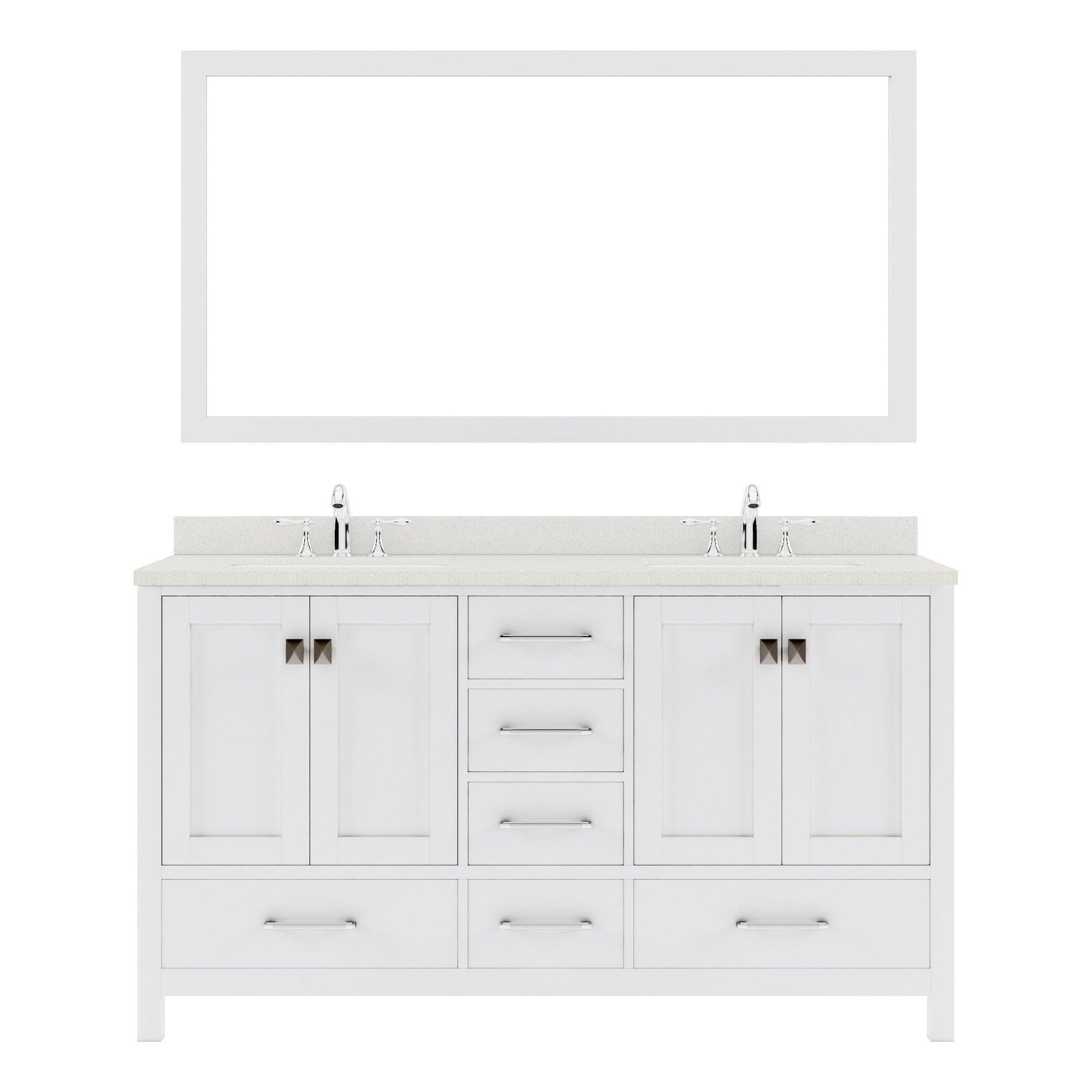 GD-50060-DWQRO-WH White Caroline Avenue 60" Double Bath Vanity Set with Dazzle White Quartz Top & Oval Double Centered Basin, Mirror