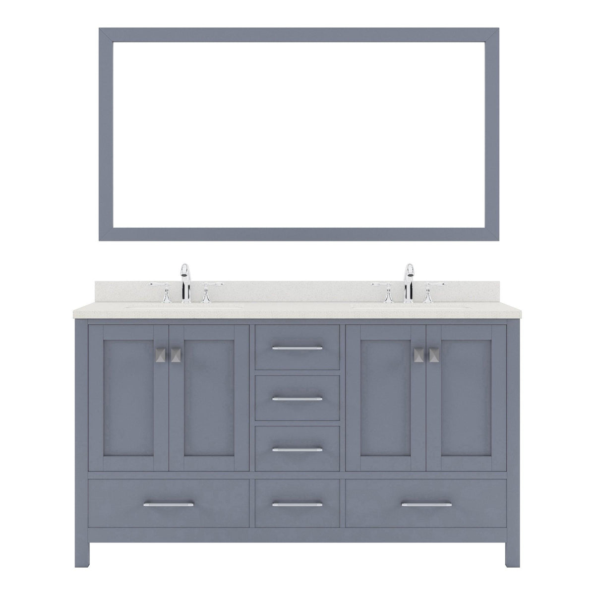 GD-50060-DWQSQ-GR Gray Caroline Avenue 60" Double Bath Vanity Set with Dazzle White Quartz Top & Rectangular Double Centered Basin, Mirror
