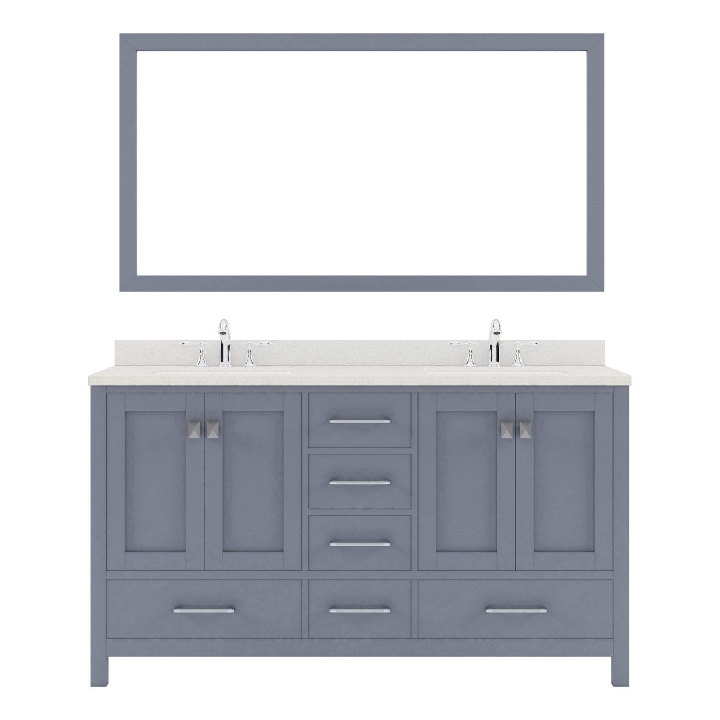 GD-50060-DWQSQ-GR Gray Caroline Avenue 60" Double Bath Vanity Set with Dazzle White Quartz Top & Rectangular Double Centered Basin, Mirror