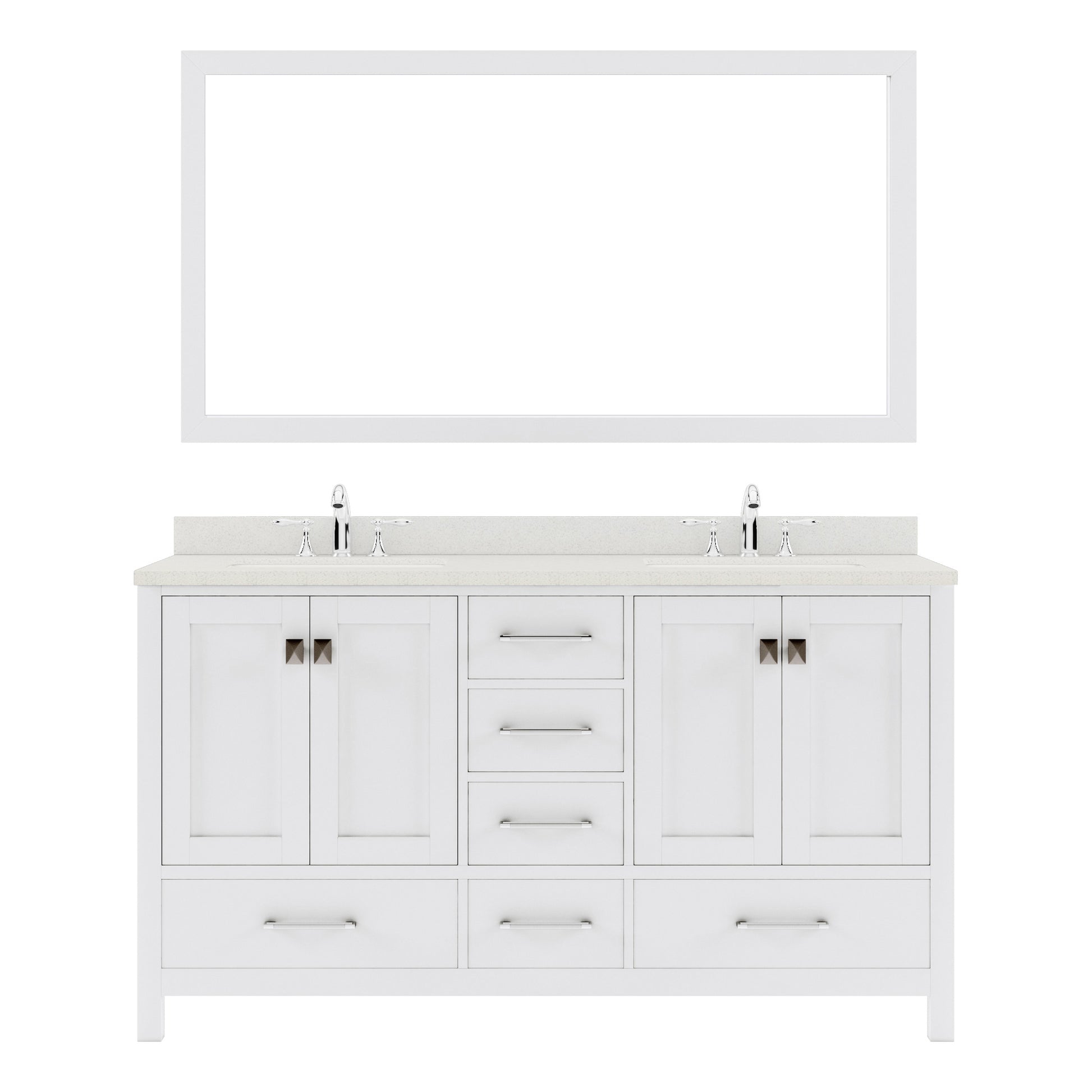 GD-50060-DWQSQ-WH White Caroline Avenue 60" Double Bath Vanity Set with Dazzle White Quartz Top & Rectangular Double Centered Basin, Mirror