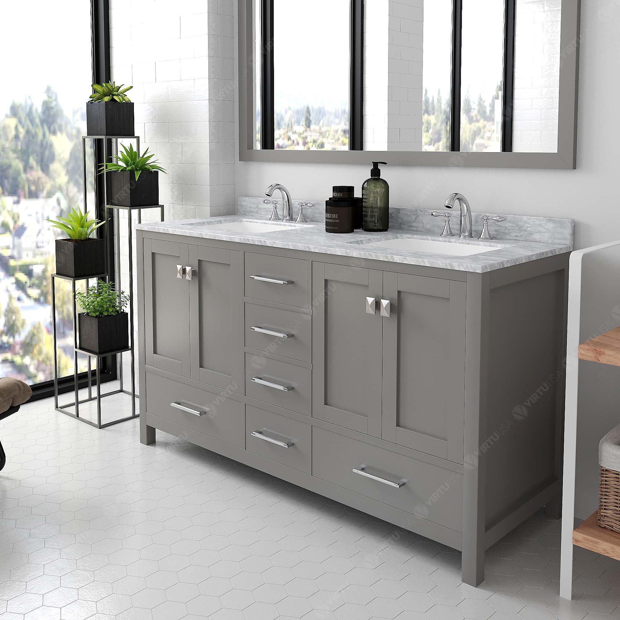 Caroline Avenue 60" Double Bath Vanity Set with Italian Carrara White Marble Top & Rectangular Double Centered Basin
