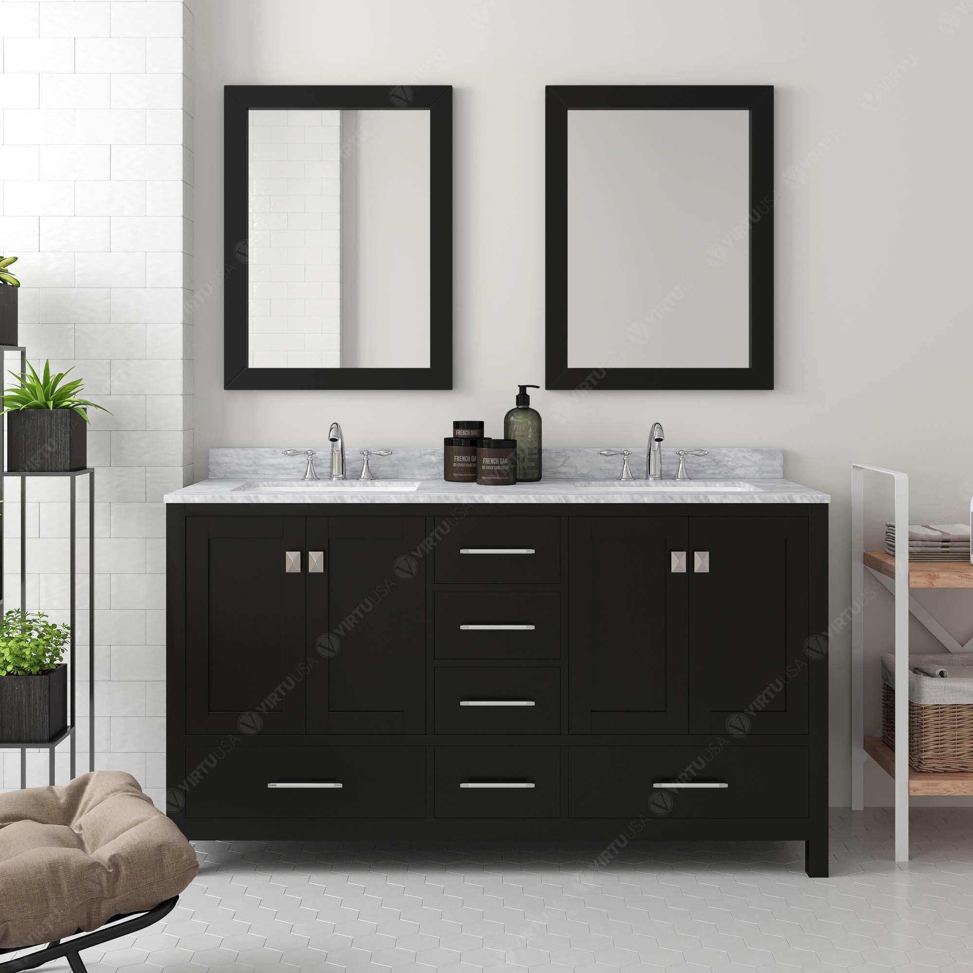 Caroline Avenue 60" Double Bath Vanity Set with Italian Carrara White Marble Top & Rectangular Double Centered Basin