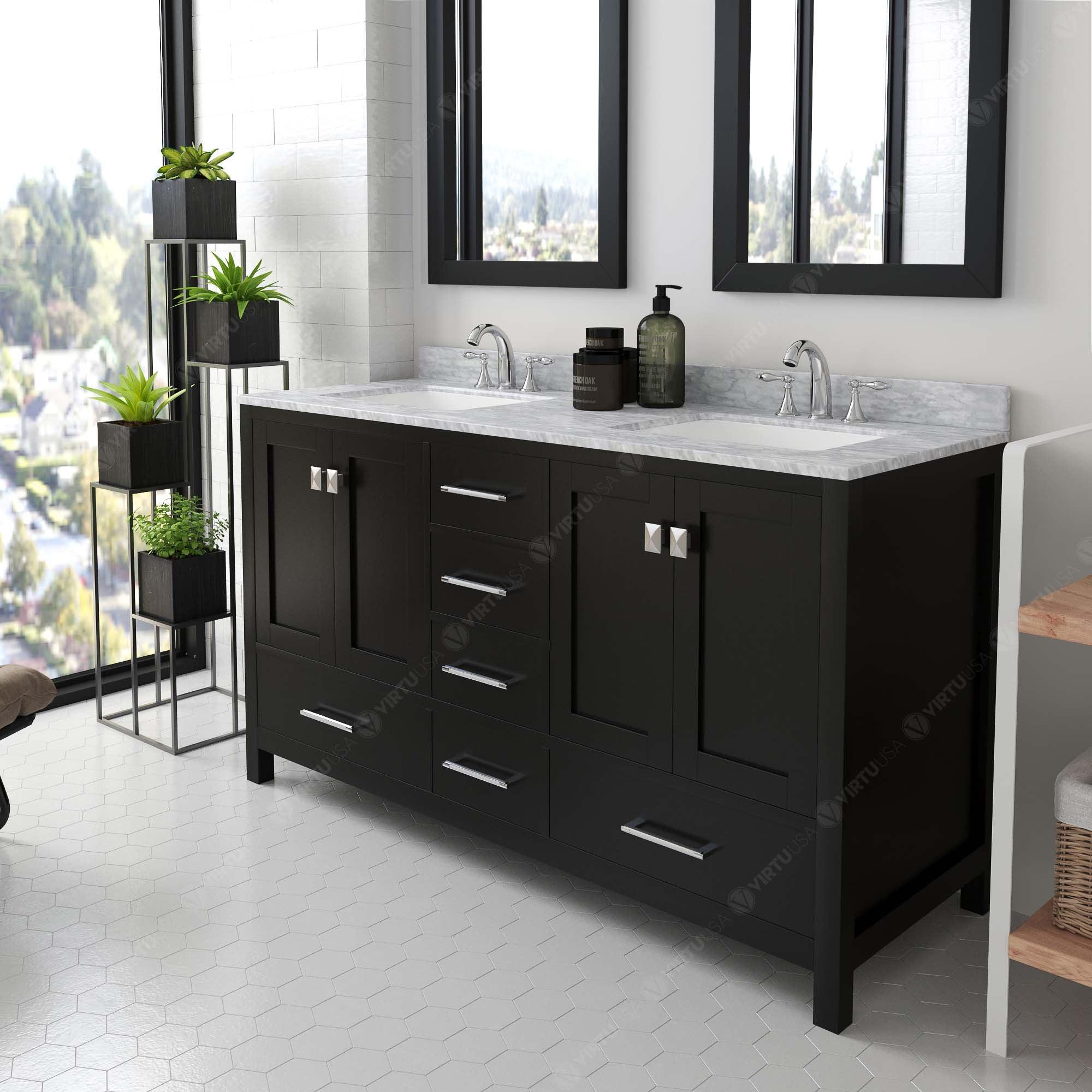 Caroline Avenue 60" Double Bath Vanity Set with Italian Carrara White Marble Top & Rectangular Double Centered Basin