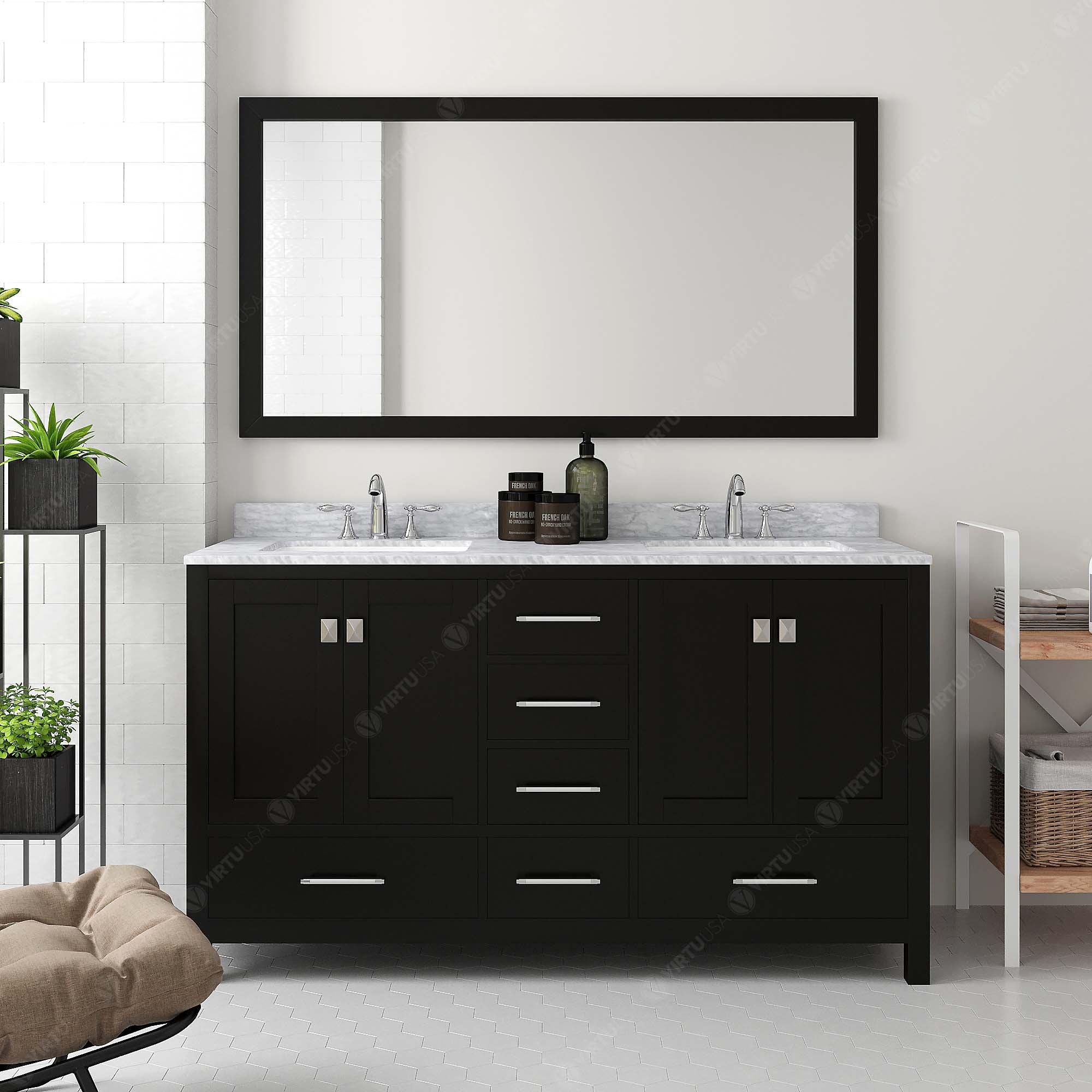 Caroline Avenue 60" Double Bath Vanity Set with Italian Carrara White Marble Top & Rectangular Double Centered Basin