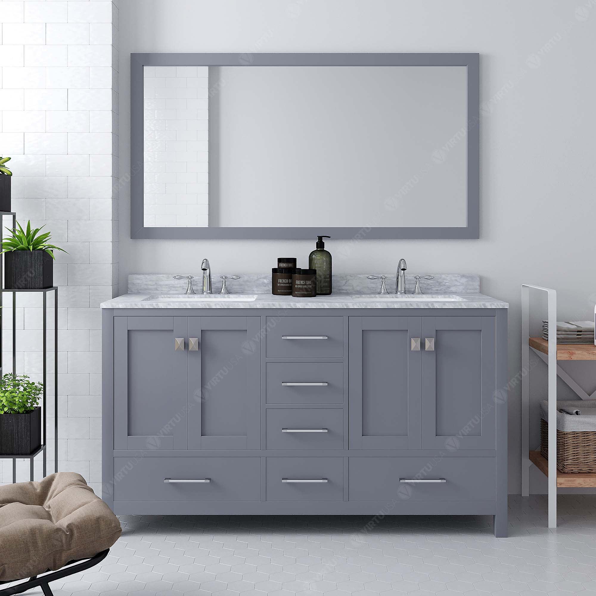 Caroline Avenue 60" Double Bath Vanity Set with Italian Carrara White Marble Top & Rectangular Double Centered Basin