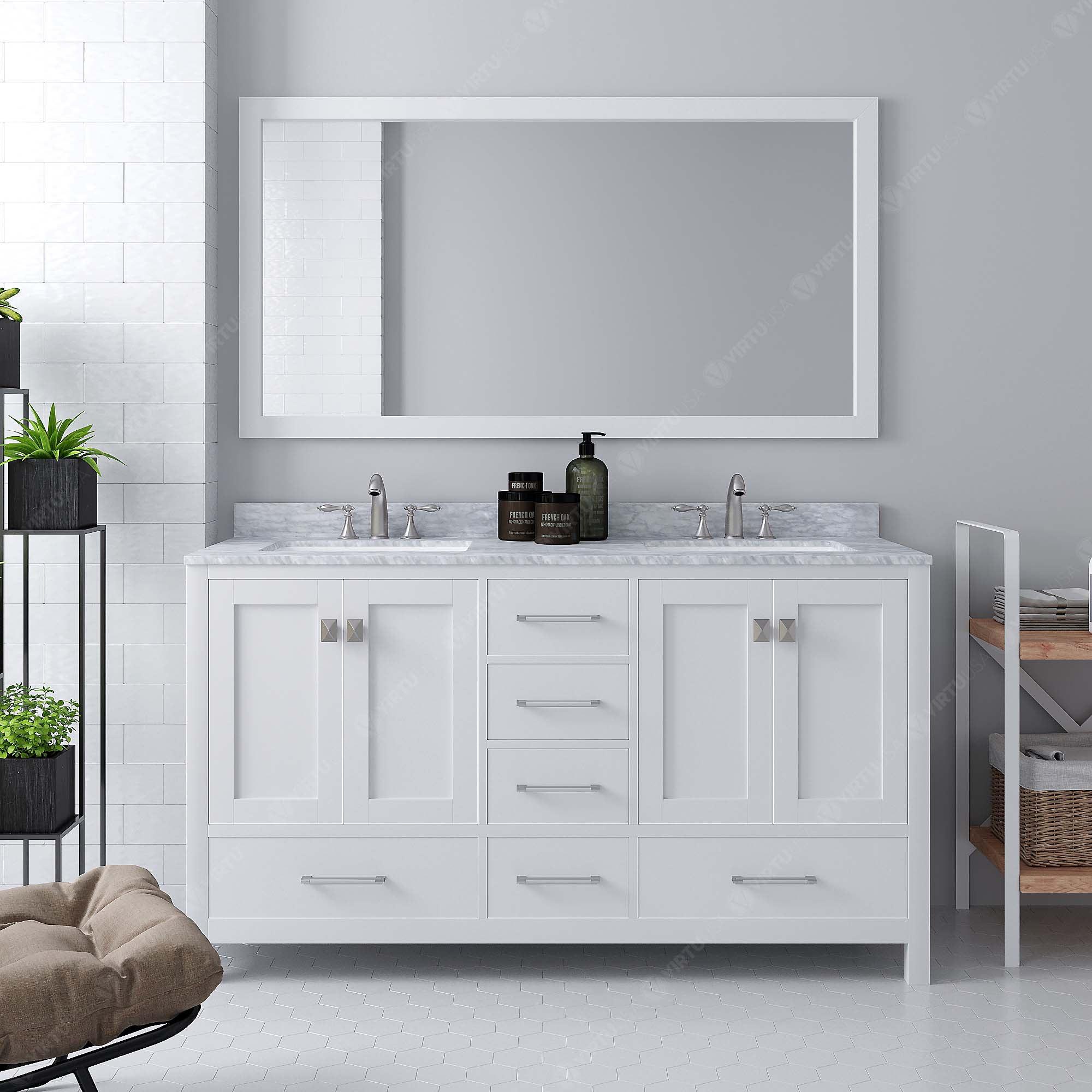 Caroline Avenue 60" Double Bath Vanity Set with Italian Carrara White Marble Top & Rectangular Double Centered Basin