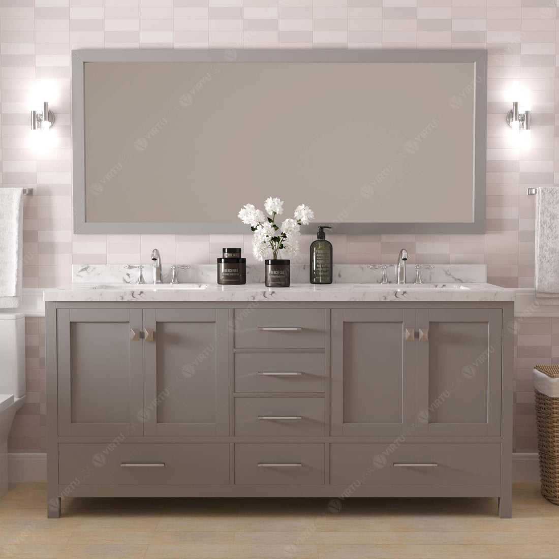 GD-50072-CMSQ-CG Cashmere Gray Caroline Avenue 72" Double Bath Vanity Set with Cultured Marble Quartz Top & Rectangular Centered Basin, Mirror