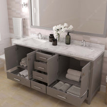 Load image into Gallery viewer, GD-50072-CMSQ-CG Cashmere Gray Caroline Avenue 72&quot; Double Bath Vanity Set with Cultured Marble Quartz Top &amp; Rectangular Centered Basin, Mirror open