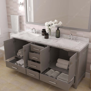 GD-50072-CMSQ-CG Cashmere Gray Caroline Avenue 72" Double Bath Vanity Set with Cultured Marble Quartz Top & Rectangular Centered Basin, Mirror open